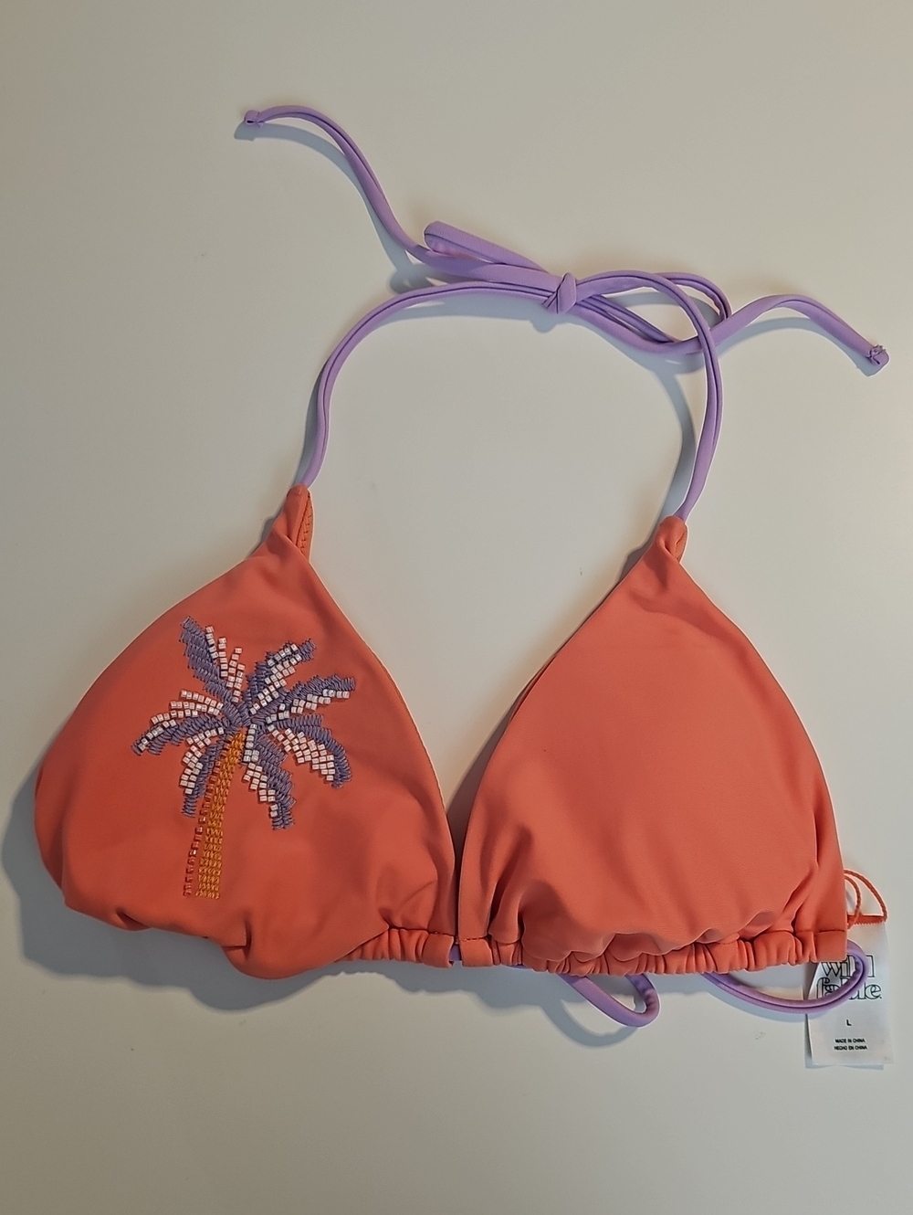 Wild Fable Womens L Coral Triangle Bikini Top with Purple Straps and Beaded Palm